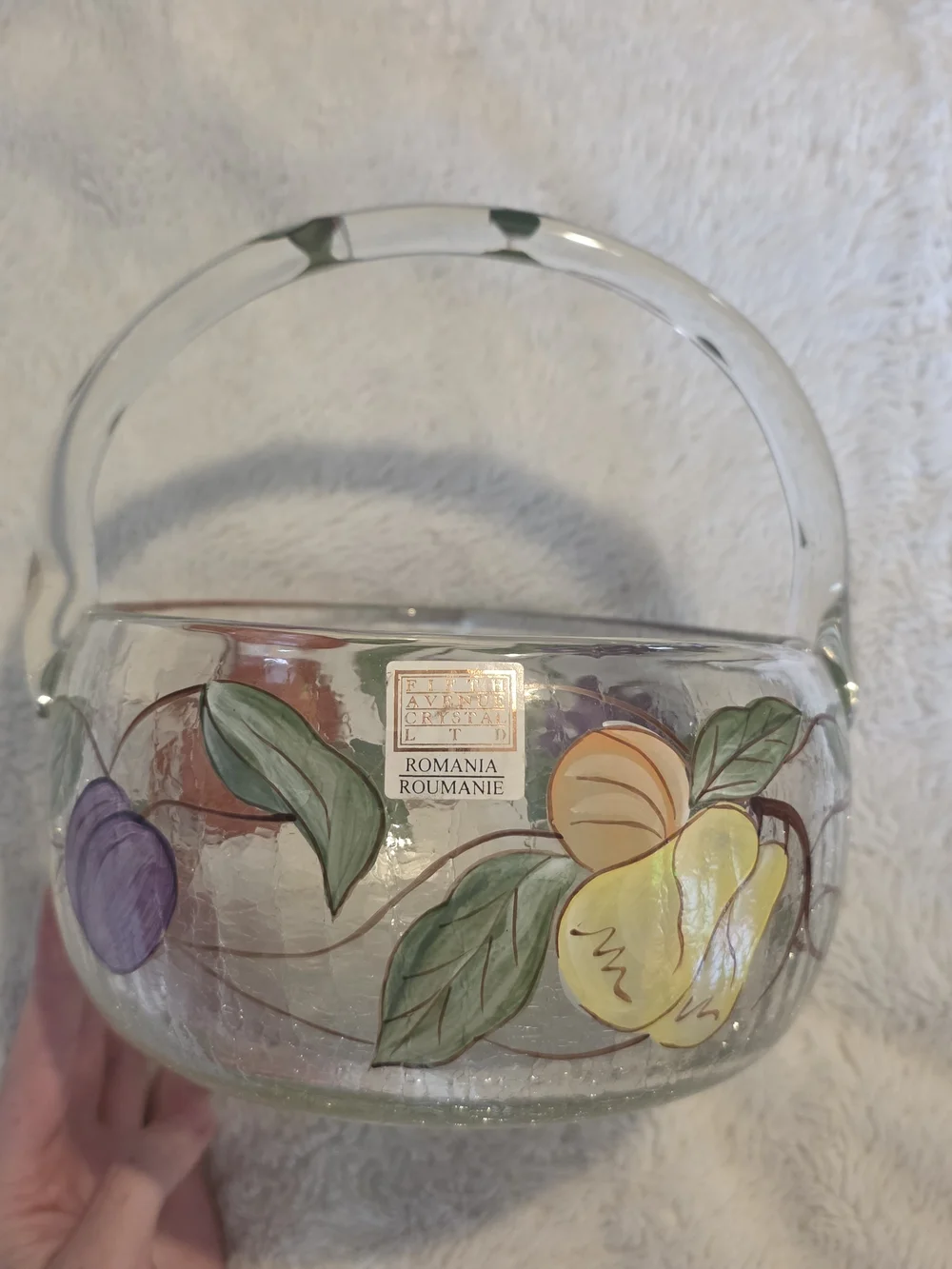 Vintage Fifth Avenue Crystal Ltd Hand Painted Clear Glass Basket Romania